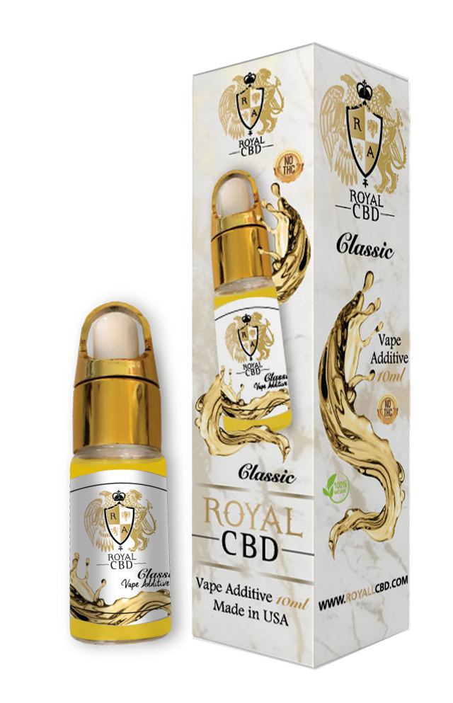 An image of our CBD Classic Vape Juice. It shows a flask of golden CBD liquid next to a marbled ivory box.
